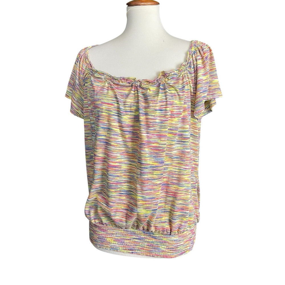 New Direction Colorful Striped Top Women Size Large Elastic Hem Y2k Style